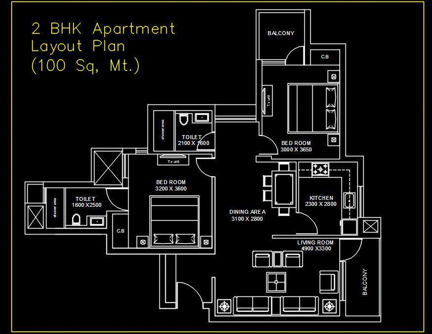 2 BHK Apartment Floor Plan in AutoCAD